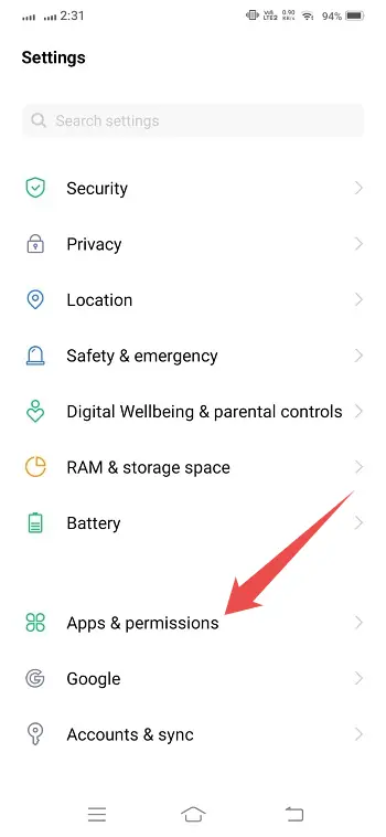 Settings and Locate Apps & permissions