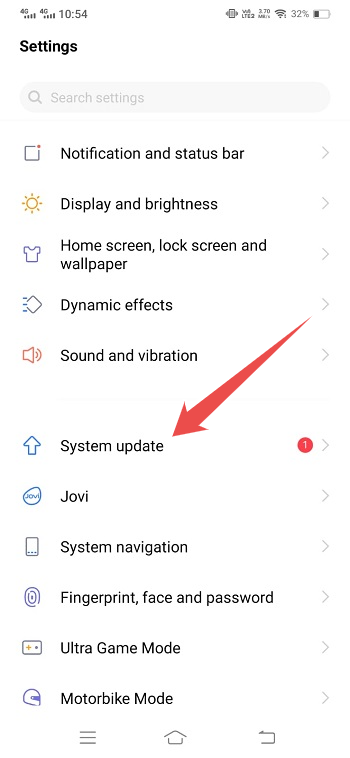 Settings application and click update